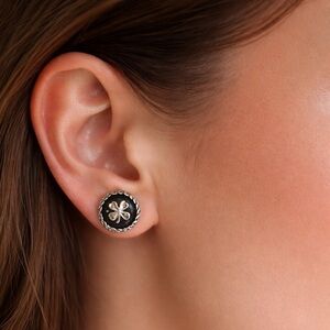 Chanel Black and Silver Clover Rhinestone Pierced Earrings